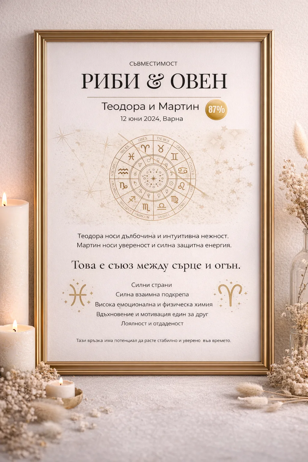 Персонализиран зодиакален постер за двойка в рамка 20×30 см