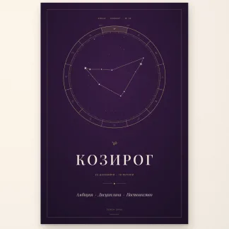 Постер „Козирог“ от серията ZODIA Energy – съзвездието Козирог в златен зодиакален кръг върху тъмнолилав фон