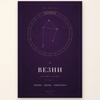 Постер „Везни“ от серията ZODIA Energy – съзвездието Везни в златен зодиакален кръг върху тъмнолилав фон