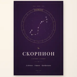 Постер „Скорпион“ от серията ZODIA Energy – съзвездието Скорпион в златен зодиакален кръг върху тъмнолилав фон