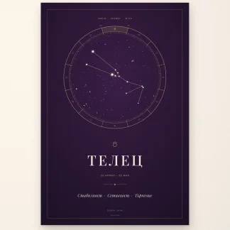 Постер „Телец“ от серията ZODIA Energy – съзвездието Телец в златен зодиакален кръг върху тъмнолилав фон