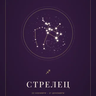 Корица на личното писмо „Писмо до теб“ за зодия Стрелец: съзвездието в златен кръг върху тъмнолилав фон