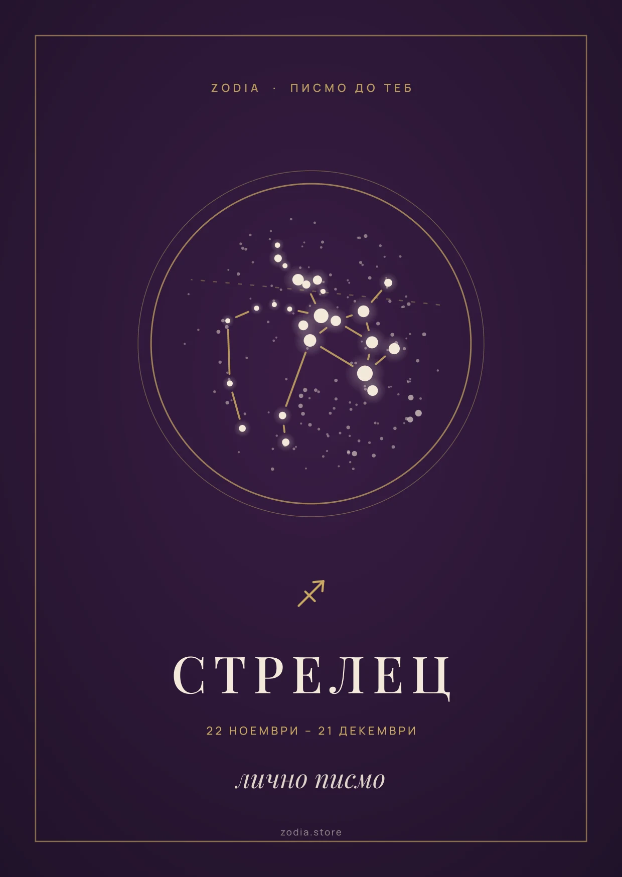 Корица на личното писмо „Писмо до теб“ за зодия Стрелец: съзвездието в златен кръг върху тъмнолилав фон