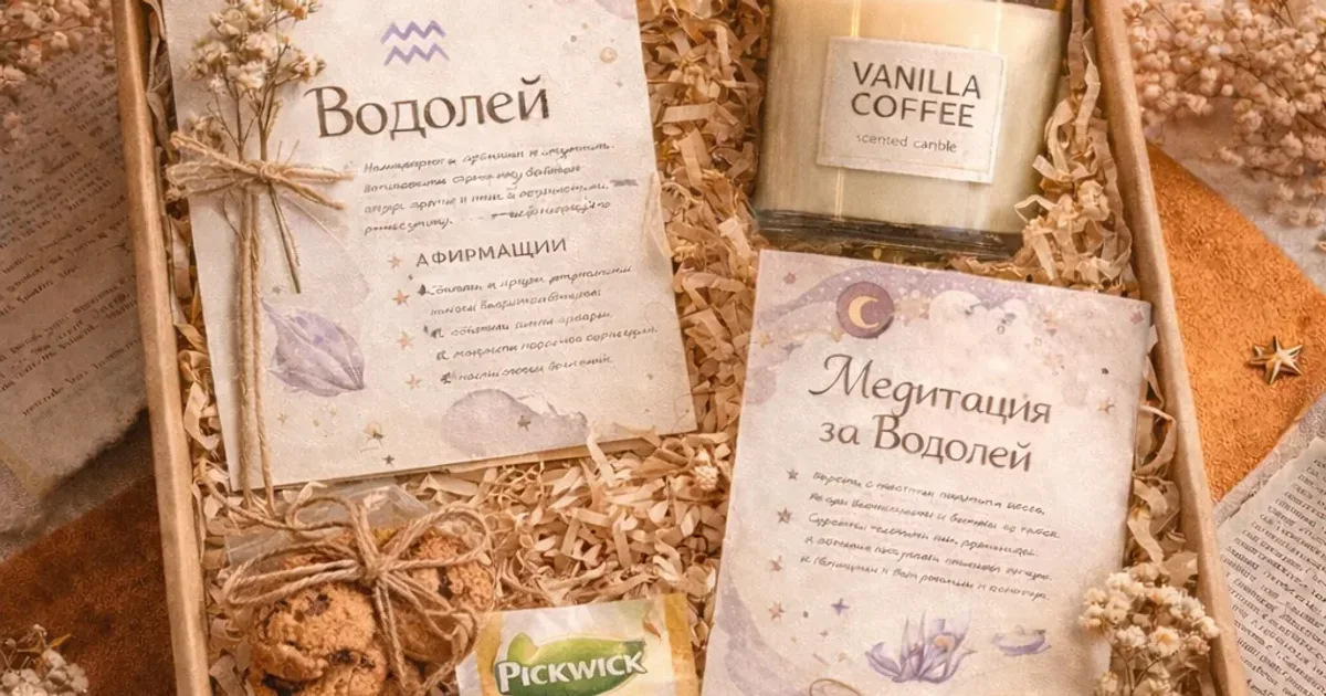 Подаръчна кутия по зодия Водолей с картичка, свещ, чай и бисквити